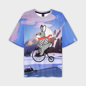 Мужская футболка oversize 3D с принтом Заяц на велосипеде в Кировске,  |  | 