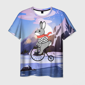 Мужская футболка 3D с принтом Заяц на велосипеде в Кировске, 100% полиэфир | прямой крой, круглый вырез горловины, длина до линии бедер | 