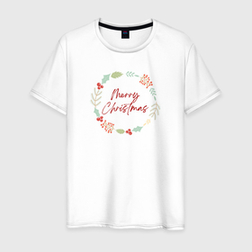 Мужская футболка хлопок с принтом Merry Christmas с веточками и ягодами в Петрозаводске, 100% хлопок | прямой крой, круглый вырез горловины, длина до линии бедер, слегка спущенное плечо. | 