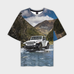 Мужская футболка oversize 3D с принтом Chrysler Jeep Rubicon преодолевает водную преграду в Кировске,  |  | Тематика изображения на принте: 