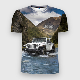 Мужская футболка 3D Slim с принтом Chrysler Jeep Rubicon преодолевает водную преграду в Курске, 100% полиэстер с улучшенными характеристиками | приталенный силуэт, круглая горловина, широкие плечи, сужается к линии бедра | 