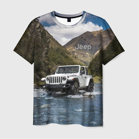 Мужская футболка 3D с принтом Chrysler Jeep Rubicon преодолевает водную преграду в Курске, 100% полиэфир | прямой крой, круглый вырез горловины, длина до линии бедер | 