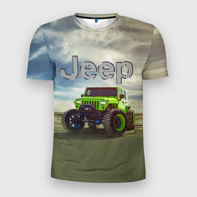 Мужская футболка 3D Slim с принтом Chrysler Jeep Rubicon в пустыне в Кировске, 100% полиэстер с улучшенными характеристиками | приталенный силуэт, круглая горловина, широкие плечи, сужается к линии бедра | 