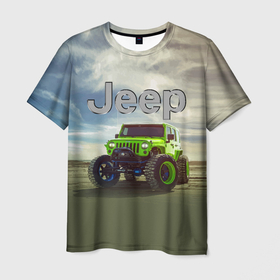 Мужская футболка 3D с принтом Chrysler Jeep Rubicon в пустыне в Кировске, 100% полиэфир | прямой крой, круглый вырез горловины, длина до линии бедер | Тематика изображения на принте: 