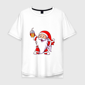 Мужская футболка хлопок Oversize с принтом Санта весельчак в Екатеринбурге, 100% хлопок | свободный крой, круглый ворот, “спинка” длиннее передней части | 