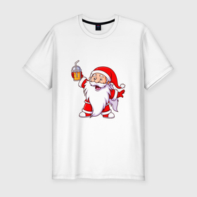 Мужская футболка хлопок Slim с принтом Санта весельчак в Новосибирске, 92% хлопок, 8% лайкра | приталенный силуэт, круглый вырез ворота, длина до линии бедра, короткий рукав | 
