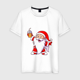 Мужская футболка хлопок с принтом Санта весельчак в Тюмени, 100% хлопок | прямой крой, круглый вырез горловины, длина до линии бедер, слегка спущенное плечо. | 