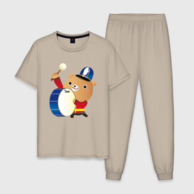 Мужская пижама хлопок с принтом Мишка барабанщик в Тюмени, 100% хлопок | брюки и футболка прямого кроя, без карманов, на брюках мягкая резинка на поясе и по низу штанин
 | 