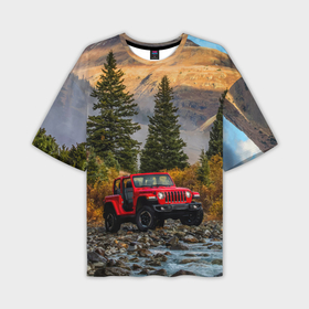 Мужская футболка oversize 3D с принтом Chrysler Jeep Wrangler Rubicon в горах в Тюмени,  |  | Тематика изображения на принте: 