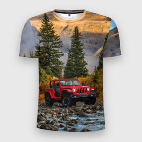 Мужская футболка 3D Slim с принтом Chrysler Jeep Wrangler Rubicon в горах в Тюмени, 100% полиэстер с улучшенными характеристиками | приталенный силуэт, круглая горловина, широкие плечи, сужается к линии бедра | Тематика изображения на принте: 