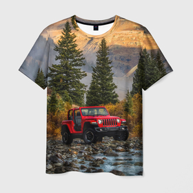 Мужская футболка 3D с принтом Chrysler Jeep Wrangler Rubicon в горах в Курске, 100% полиэфир | прямой крой, круглый вырез горловины, длина до линии бедер | Тематика изображения на принте: 