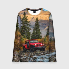 Мужской лонгслив 3D с принтом Chrysler Jeep Wrangler Rubicon в горах в Кировске, 100% полиэстер | длинные рукава, круглый вырез горловины, полуприлегающий силуэт | Тематика изображения на принте: 