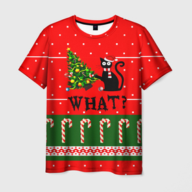Мужская футболка 3D с принтом What кот роняет новогоднюю ёлку в Петрозаводске, 100% полиэфир | прямой крой, круглый вырез горловины, длина до линии бедер | Тематика изображения на принте: 