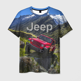 Мужская футболка 3D с принтом Chrysler Jeep Wrangler Rubicon   горы в Тюмени, 100% полиэфир | прямой крой, круглый вырез горловины, длина до линии бедер | Тематика изображения на принте: 
