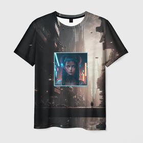 Мужская футболка 3D с принтом Девушка во мраке киберпанк города в Курске, 100% полиэфир | прямой крой, круглый вырез горловины, длина до линии бедер | 