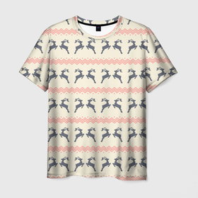 Мужская футболка 3D с принтом Символический Новогодний узор с оленями в Новосибирске, 100% полиэфир | прямой крой, круглый вырез горловины, длина до линии бедер | 