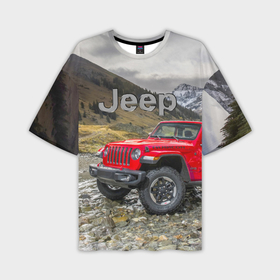 Мужская футболка oversize 3D с принтом Chrysler Jeep Wrangler Rubicon на горной дороге в Екатеринбурге,  |  | Тематика изображения на принте: 