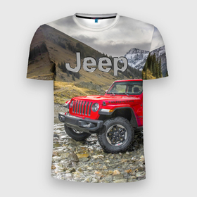Мужская футболка 3D Slim с принтом Chrysler Jeep Wrangler Rubicon на горной дороге в Екатеринбурге, 100% полиэстер с улучшенными характеристиками | приталенный силуэт, круглая горловина, широкие плечи, сужается к линии бедра | Тематика изображения на принте: 
