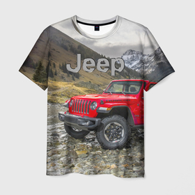 Мужская футболка 3D с принтом Chrysler Jeep Wrangler Rubicon на горной дороге в Кировске, 100% полиэфир | прямой крой, круглый вырез горловины, длина до линии бедер | Тематика изображения на принте: 
