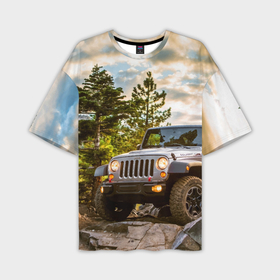 Мужская футболка oversize 3D с принтом Chrysler Jeep Wrangler Rubicon на природе ,  |  | Тематика изображения на принте: 