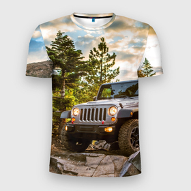 Мужская футболка 3D Slim с принтом Chrysler Jeep Wrangler Rubicon на природе , 100% полиэстер с улучшенными характеристиками | приталенный силуэт, круглая горловина, широкие плечи, сужается к линии бедра | 
