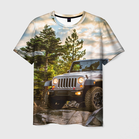 Мужская футболка 3D с принтом Chrysler Jeep Wrangler Rubicon на природе в Курске, 100% полиэфир | прямой крой, круглый вырез горловины, длина до линии бедер | 
