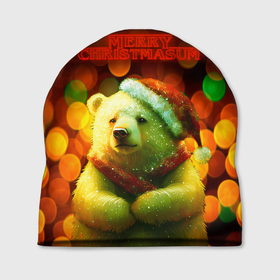 Шапка 3D с принтом Merry Christmas белый медвежонок в Курске, 100% полиэстер | универсальный размер, печать по всей поверхности изделия | 