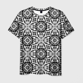 Мужская футболка 3D с принтом Белое кружево на черном в Екатеринбурге, 100% полиэфир | прямой крой, круглый вырез горловины, длина до линии бедер | 