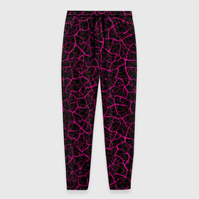 Мужские брюки 3D с принтом Абстрактные розовые узоры в виде трещин на чёрном фоне в Петрозаводске, 100% полиэстер | манжеты по низу, эластичный пояс регулируется шнурком, по бокам два кармана без застежек, внутренняя часть кармана из мелкой сетки | 