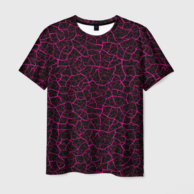 Мужская футболка 3D с принтом Абстрактные розовые узоры в виде трещин на чёрном фоне в Петрозаводске, 100% полиэфир | прямой крой, круглый вырез горловины, длина до линии бедер | 