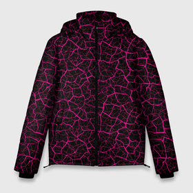 Мужская зимняя куртка 3D с принтом Абстрактные розовые узоры в виде трещин на чёрном фоне в Петрозаводске, верх — 100% полиэстер; подкладка — 100% полиэстер; утеплитель — 100% полиэстер | длина ниже бедра, свободный силуэт Оверсайз. Есть воротник-стойка, отстегивающийся капюшон и ветрозащитная планка. 

Боковые карманы с листочкой на кнопках и внутренний карман на молнии. | 