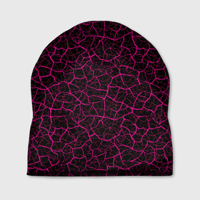 Шапка 3D с принтом Абстрактные розовые узоры в виде трещин на чёрном фоне в Петрозаводске, 100% полиэстер | универсальный размер, печать по всей поверхности изделия | 