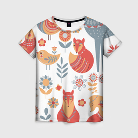 Женская футболка 3D с принтом Животные, птицы, растения в скандинавском стиле в Кировске, 100% полиэфир ( синтетическое хлопкоподобное полотно) | прямой крой, круглый вырез горловины, длина до линии бедер | Тематика изображения на принте: 