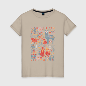 Женская футболка хлопок с принтом Животные, птицы, растения в скандинавском стиле в Рязани, 100% хлопок | прямой крой, круглый вырез горловины, длина до линии бедер, слегка спущенное плечо | 