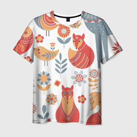 Мужская футболка 3D с принтом Животные, птицы, растения в скандинавском стиле в Кировске, 100% полиэфир | прямой крой, круглый вырез горловины, длина до линии бедер | Тематика изображения на принте: 