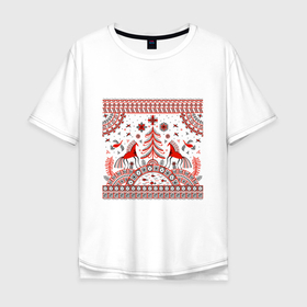 Мужская футболка хлопок Oversize с принтом Лошади и птицы   мезенская роспись в Екатеринбурге, 100% хлопок | свободный крой, круглый ворот, “спинка” длиннее передней части | 