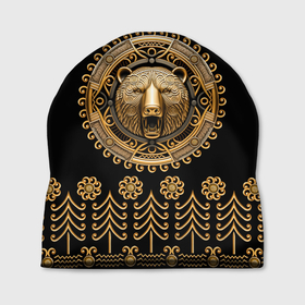 Шапка 3D с принтом Медведь золотой барельеф с этническим орнаментом в Новосибирске, 100% полиэстер | универсальный размер, печать по всей поверхности изделия | Тематика изображения на принте: 