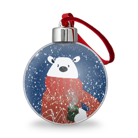 Ёлочный шар с принтом Белый медведь в красном свитере под снегом , Пластик | Диаметр: 77 мм | Тематика изображения на принте: 