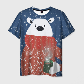 Мужская футболка 3D с принтом Белый медведь в красном свитере под снегом в Петрозаводске, 100% полиэфир | прямой крой, круглый вырез горловины, длина до линии бедер | Тематика изображения на принте: 