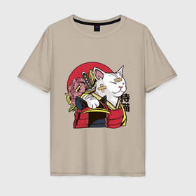 Мужская футболка хлопок Oversize с принтом Кот самурая в Белгороде, 100% хлопок | свободный крой, круглый ворот, “спинка” длиннее передней части | 