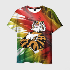 Мужская футболка 3D с принтом Тигр в тропическом лесу , 100% полиэфир | прямой крой, круглый вырез горловины, длина до линии бедер | 