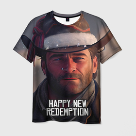 Мужская футболка 3D с принтом Артур Морган, Новый Год , 100% полиэфир | прямой крой, круглый вырез горловины, длина до линии бедер | 