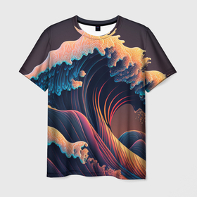Мужская футболка 3D с принтом Большая волна в японском стиле в Белгороде, 100% полиэфир | прямой крой, круглый вырез горловины, длина до линии бедер | 