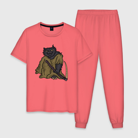 Мужская пижама хлопок с принтом Котик с косой в Белгороде, 100% хлопок | брюки и футболка прямого кроя, без карманов, на брюках мягкая резинка на поясе и по низу штанин
 | 