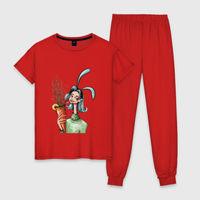Женская пижама хлопок с принтом Зая любит морковный фреш в Новосибирске, 100% хлопок | брюки и футболка прямого кроя, без карманов, на брюках мягкая резинка на поясе и по низу штанин | Тематика изображения на принте: 