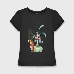 Женская футболка хлопок Slim с принтом Зая любит морковный фреш в Новосибирске,  |  | Тематика изображения на принте: 