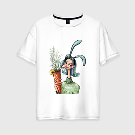 Женская футболка хлопок Oversize с принтом Зая любит морковный фреш в Новосибирске, 100% хлопок | свободный крой, круглый ворот, спущенный рукав, длина до линии бедер
 | Тематика изображения на принте: 
