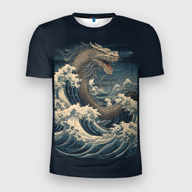 Мужская футболка 3D Slim с принтом Морской дракон в японском стиле в Белгороде, 100% полиэстер с улучшенными характеристиками | приталенный силуэт, круглая горловина, широкие плечи, сужается к линии бедра | Тематика изображения на принте: 