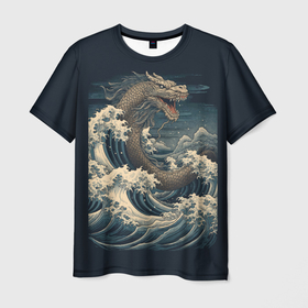 Мужская футболка 3D с принтом Морской дракон в японском стиле в Белгороде, 100% полиэфир | прямой крой, круглый вырез горловины, длина до линии бедер | Тематика изображения на принте: 
