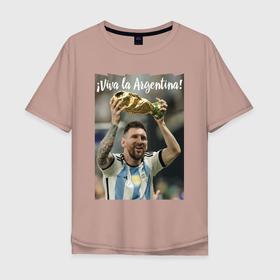 Мужская футболка хлопок Oversize с принтом Lionel Messi   world champion   Argentina в Кировске, 100% хлопок | свободный крой, круглый ворот, “спинка” длиннее передней части | 
